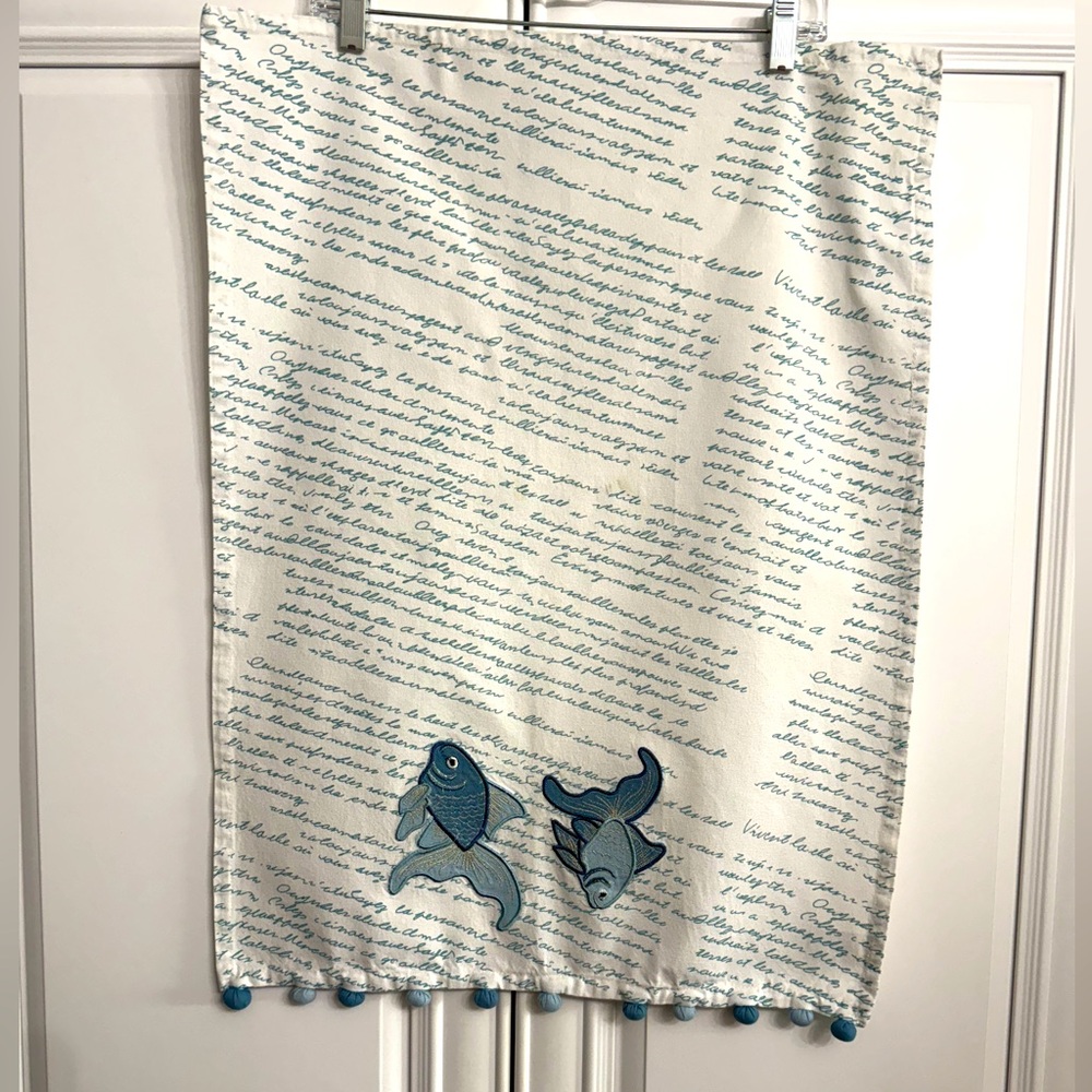 Nautical/Coastal/Beach Themed Blue Fish Embroidered White Print Cotton Tea Towel
